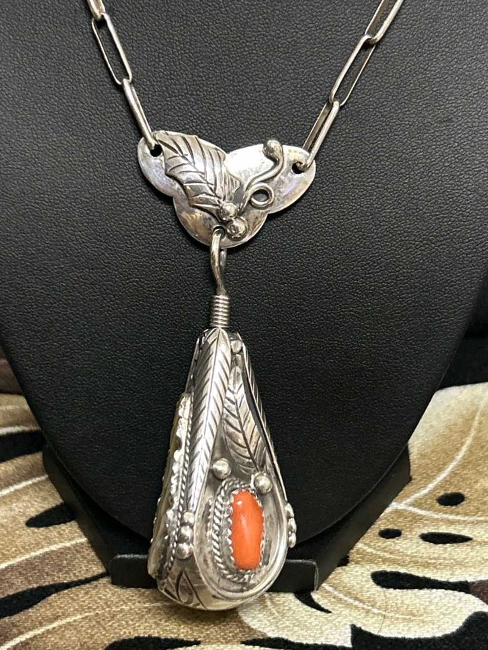 Artisan Juan Pedro Garcia sterling silver swiveling coral turquoise MOP Necklace - Picture 6 of 16